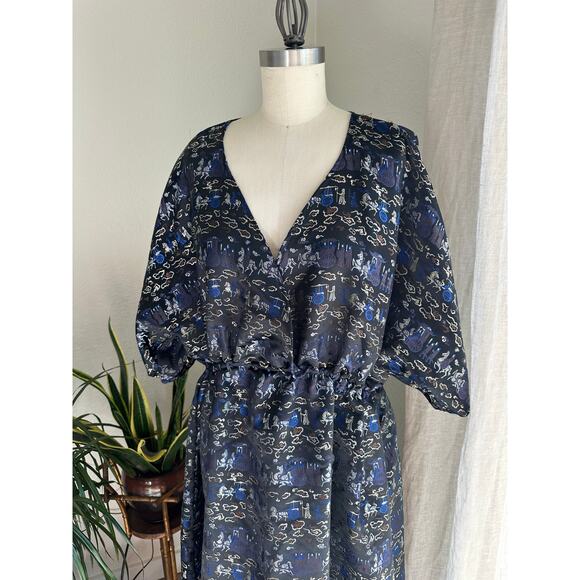 Women's L Dress Navy Blue Chinese Brocade Printed Puff Sleeve Vintage - Picture 2 of 3